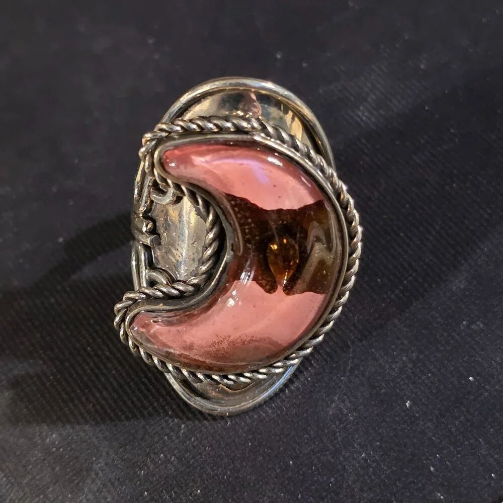 Peruvian Fused Art Glass Purplish Pink Silver Crescent Moon OOAK Artisan Ring